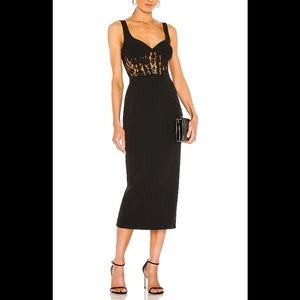 Bardot Corset Lace Panel midi Dress in Black